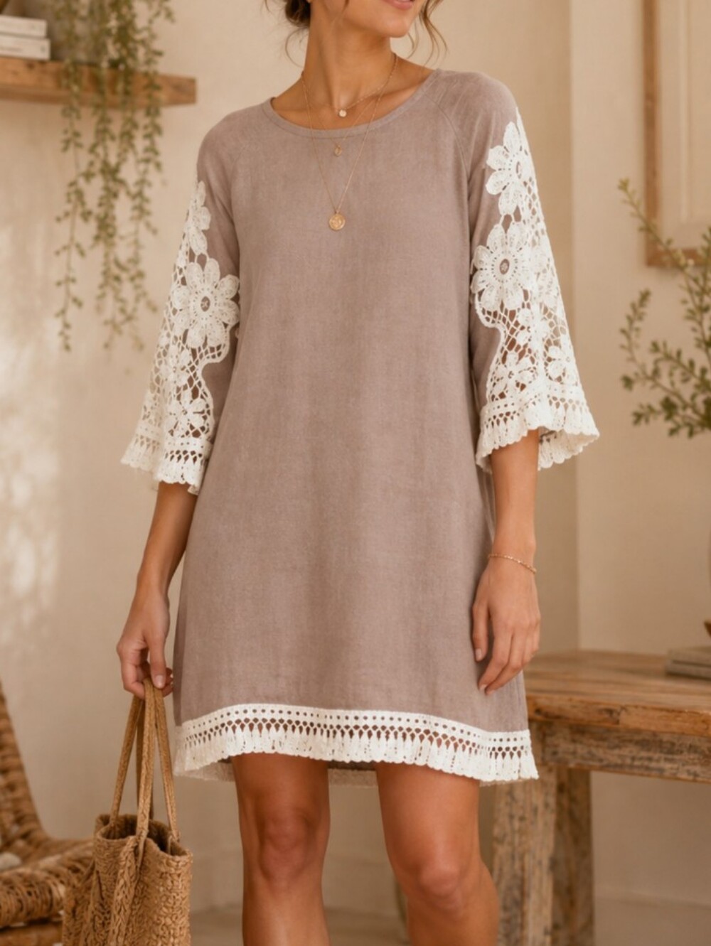 Umgee Tan Crochet Macrame Fringe Cream Bell Sleeve Fall Dress Small